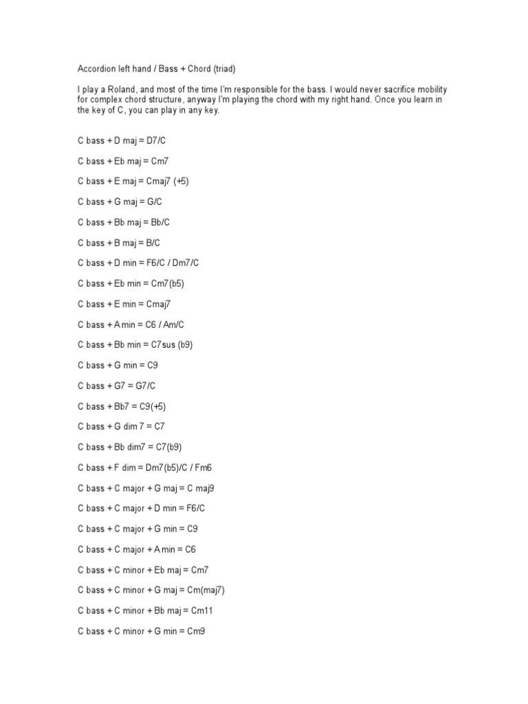 Accordion Left Hand Chord Guide Bass Notes and Right Hand Chord
