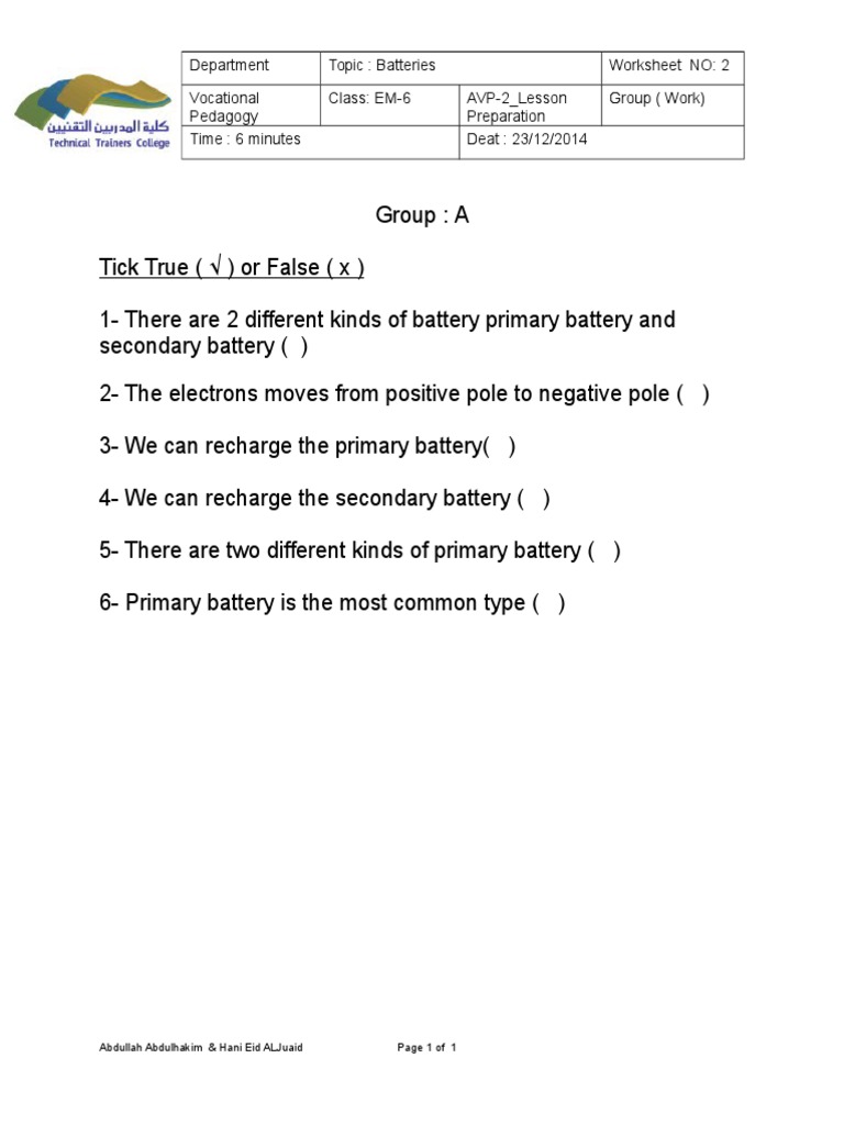 Department Topic Batteries Worksheet NO 2 Vocational Pedagogy Class EM6 AVP2_Lesson