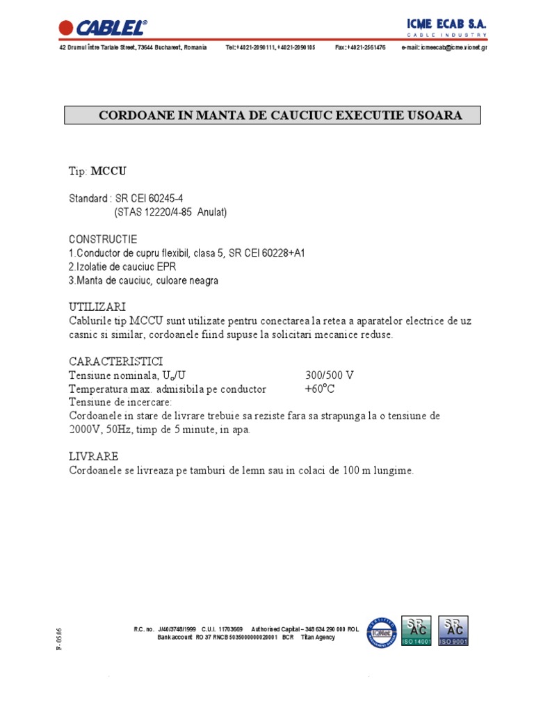 Cablu en - Mccu-Fisa Tehnica | PDF