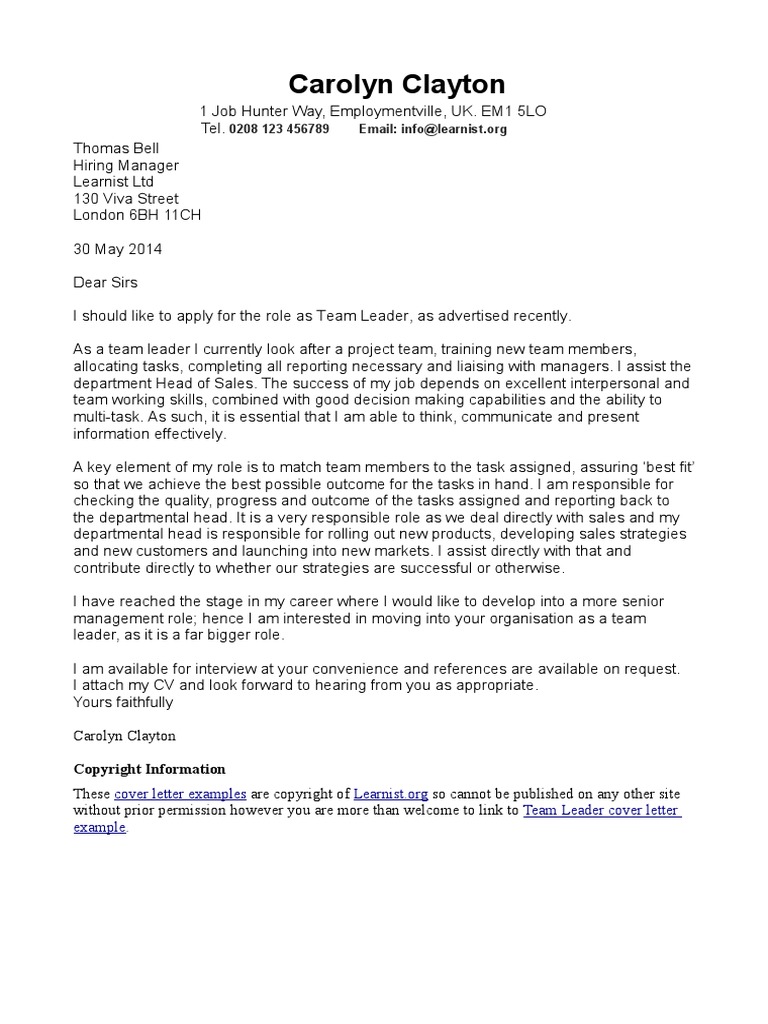 Carolyn Clayton: cover letter examples Team Leader cover letter example