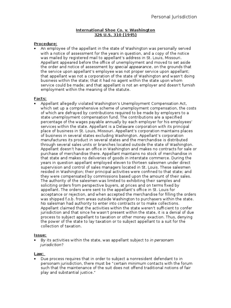 International Shoe Co. v. Washington Minimum Contacts International