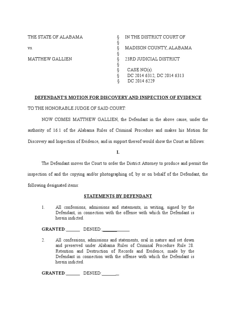 Alabama Defendant's Evidence Discovery Motion | PDF | Witness ...