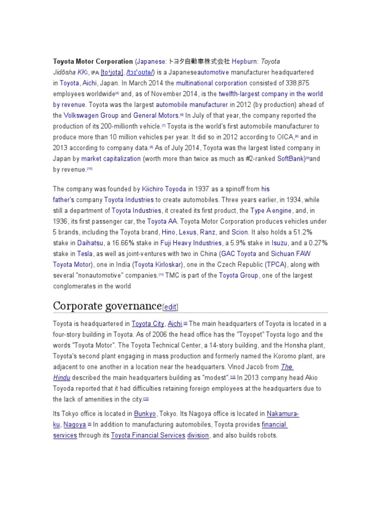 Toyota Motor Corporation | PDF | Toyota | Transport Economics