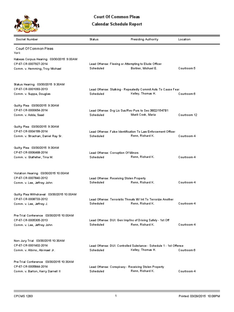 York County Court Schedule For March 30 2015 PDF Probation