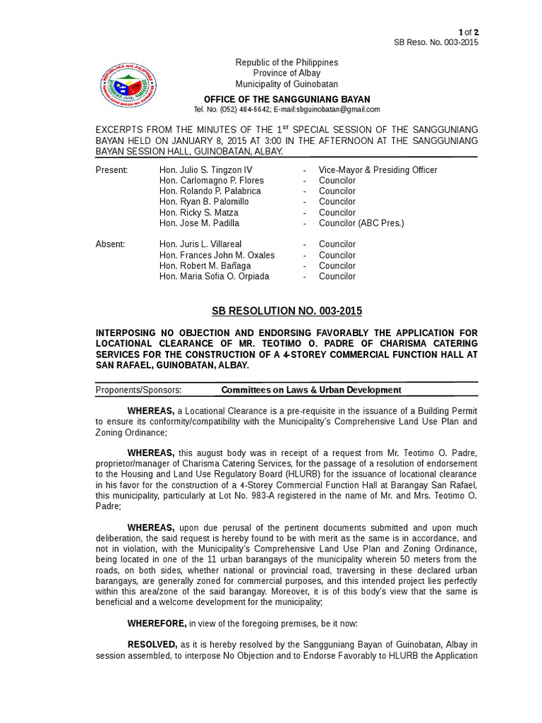 0032015 SB Res. Locational Clearance Charisma PDF Social