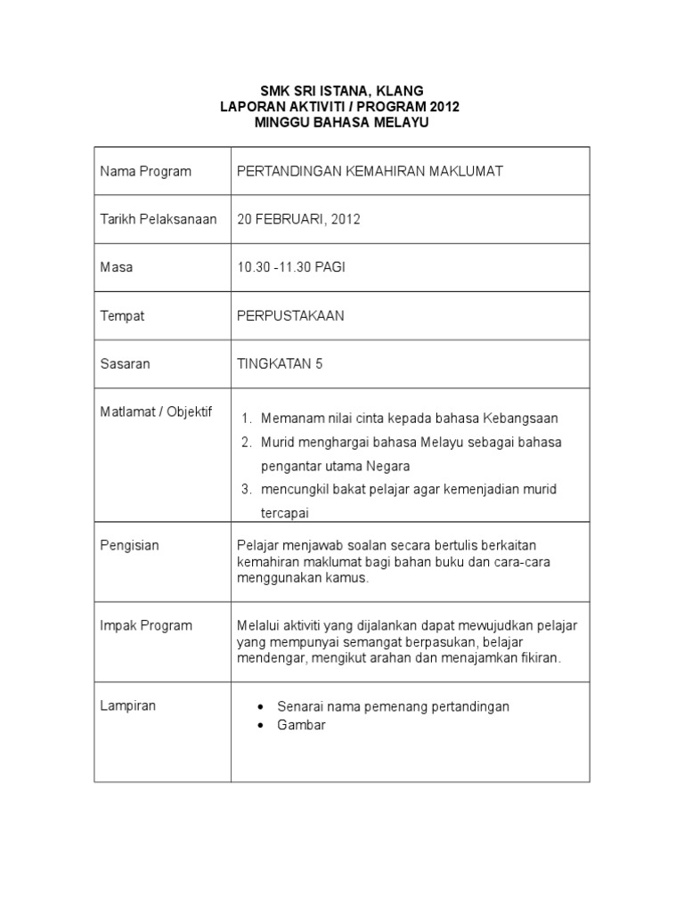 Contoh Borang Laporan Aktiviti Kokurikulum Caroline Martin - Riset