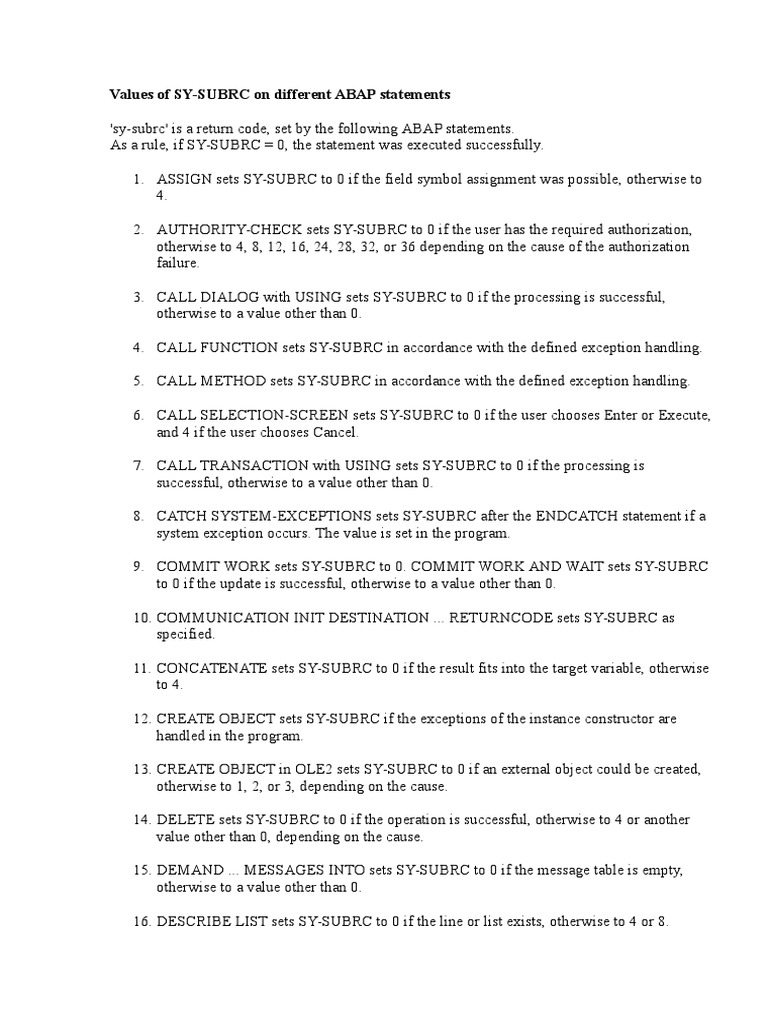 Values of Sy-Subrc After ABAP Statements | PDF | Computer Programming ...