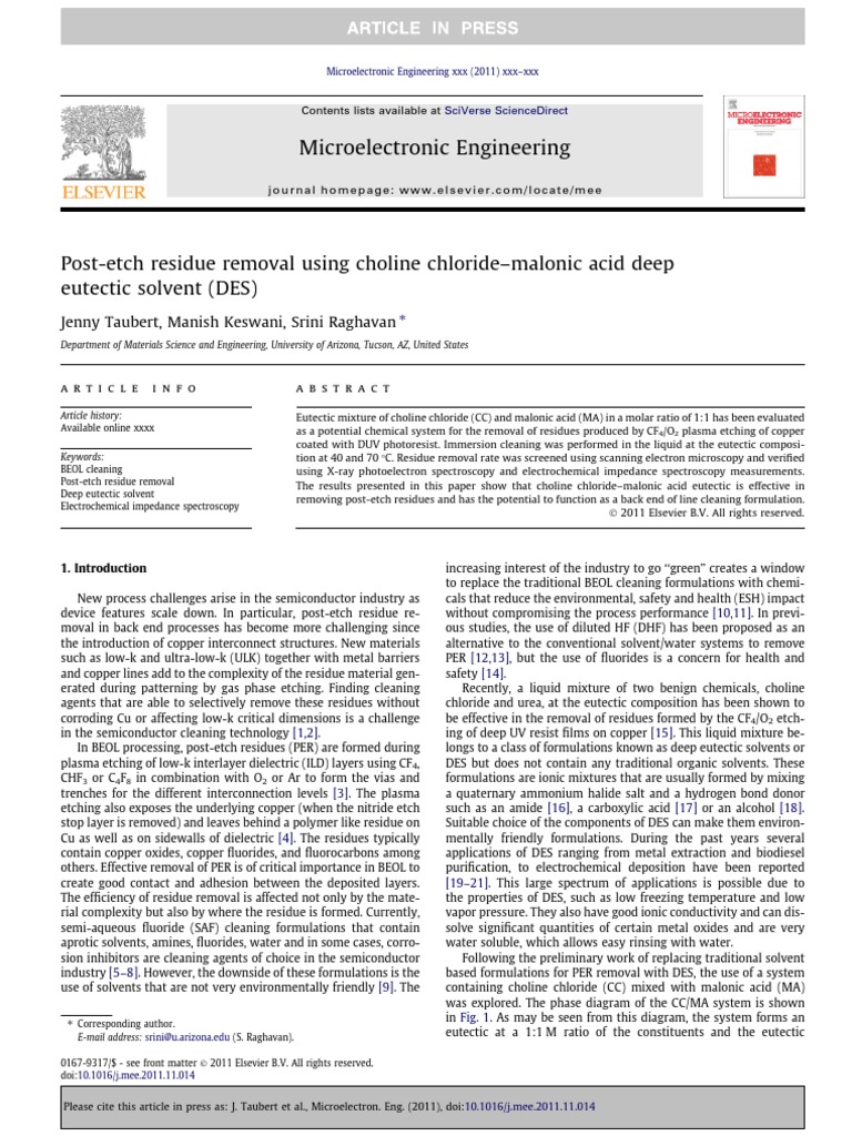 PostEtch Residue Removal Using Choline ChlorideMalonic Acid Deep