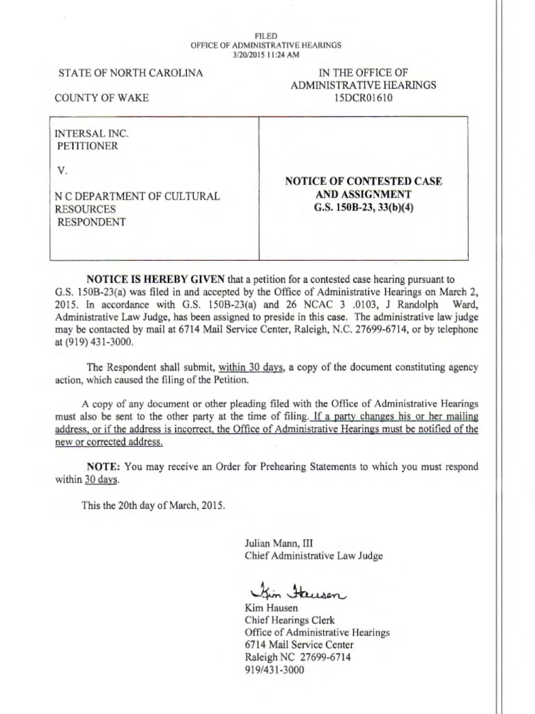 NCDCR Notice of Contested Case and Assignment, Prehearing Notice