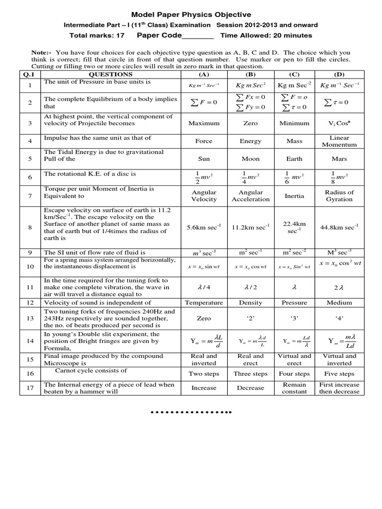11 Class Physics Paper Pattern | PDF | Gravity | Velocity