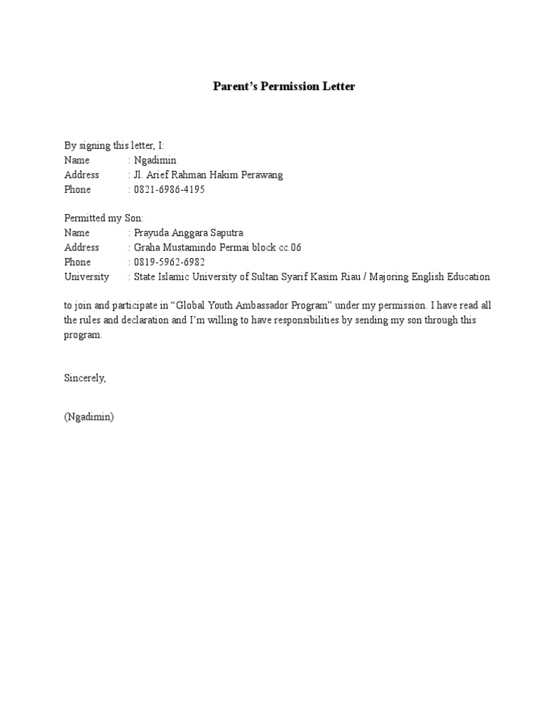Parent's Permition Letter | PDF