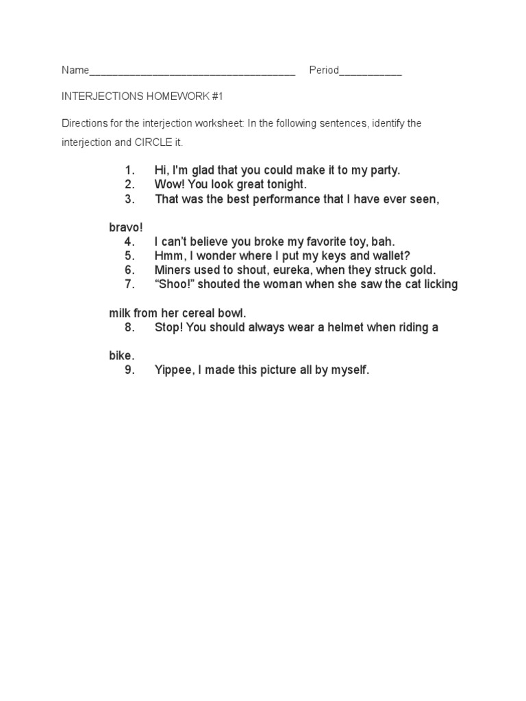 Interjection Identification Worksheet | PDF