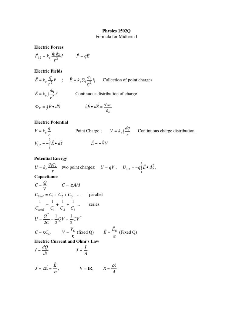 Physics 1 Formula Sheet