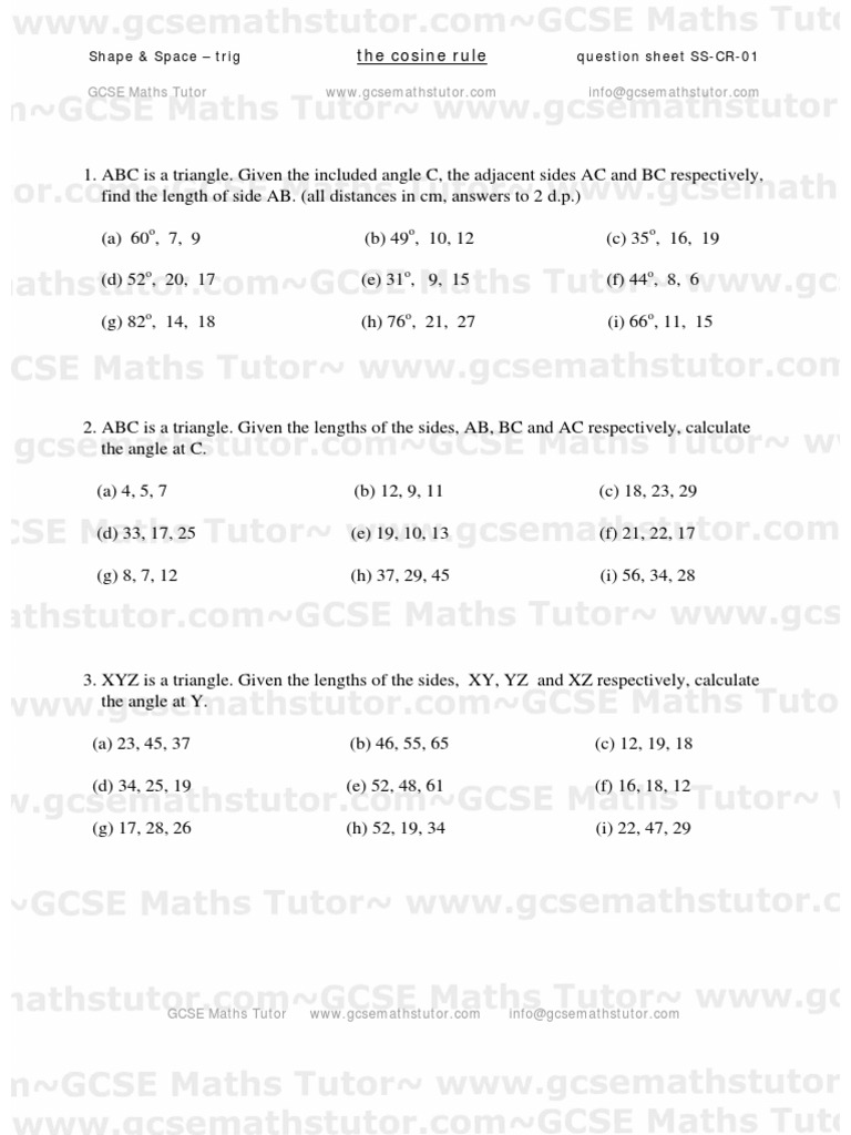 Cosine Rule Practice Worksheet | PDF | Trigonometry | Triangle