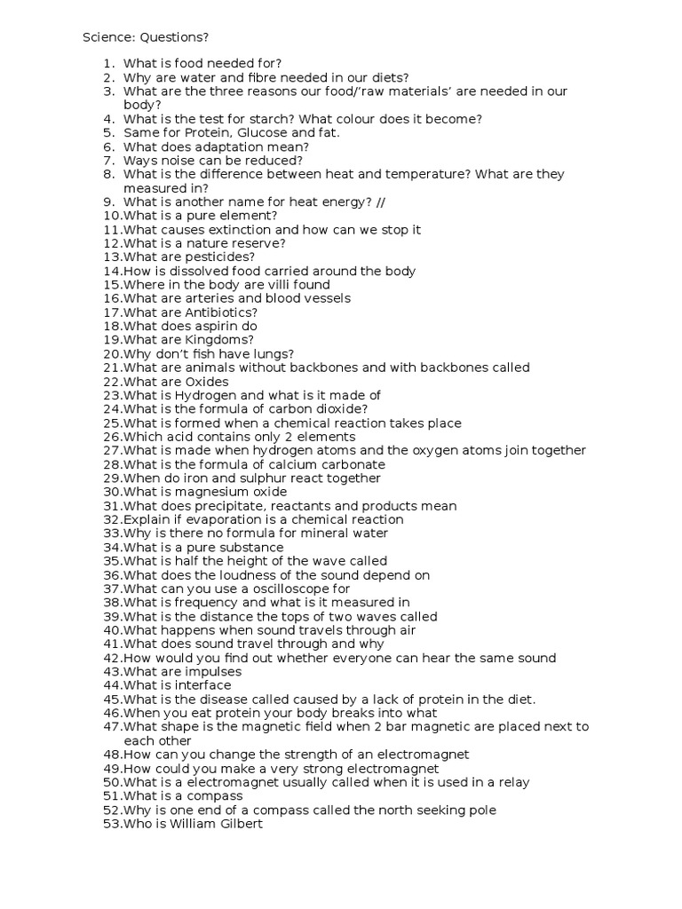 Science Questions KS3 To Test Yourself PDF Chemical Reactions Oxygen