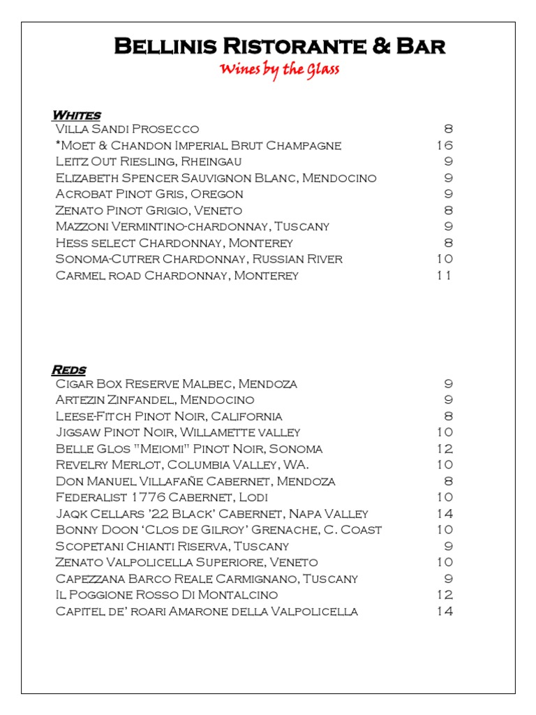Bellinis Wine List PDF Alcoholic Drinks Italian Wine