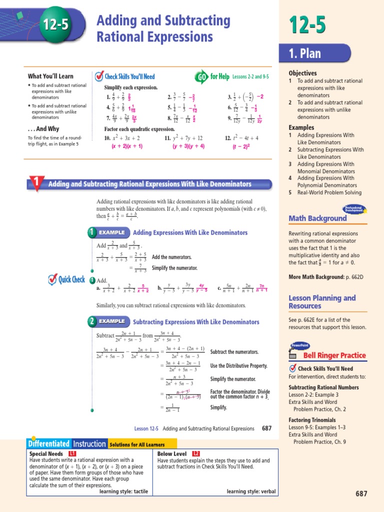 Adding and Subtracting Rational Expressions | PDF | Fraction ...