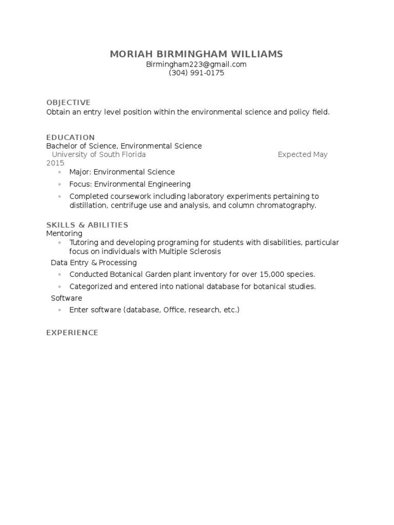 Entry-Level Environmental Science Resume | PDF | Wellness | Science ...