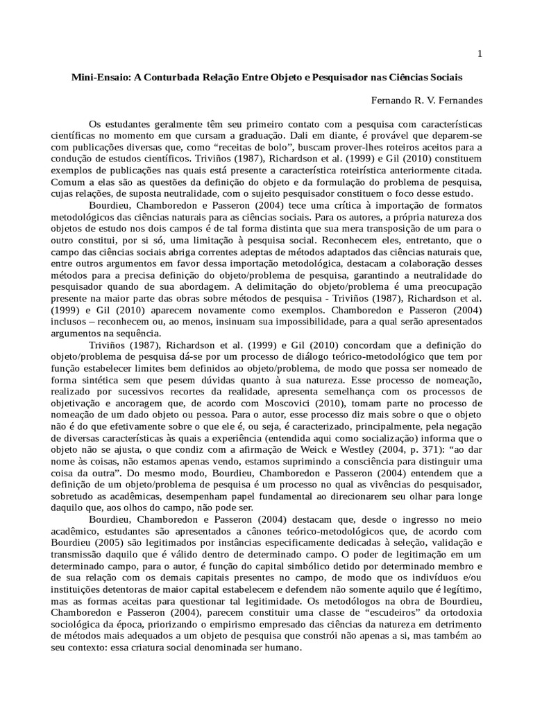 Relação Pesquisador e Objeto de Pesquisa | PDF | Sociologia | Science