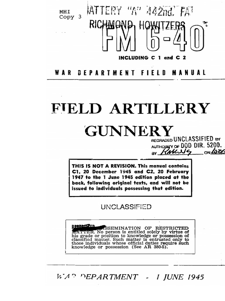 FM 640 1945 Field Artillery Gunnery Shell (Projectile) Artillery