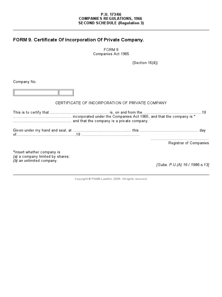 FORM 9. Certificate of Incorporation of Private Company. (COMPANIES ...