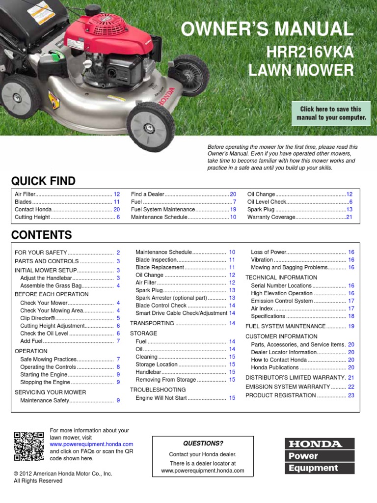 HRR216VKA Lawn Mower Owner