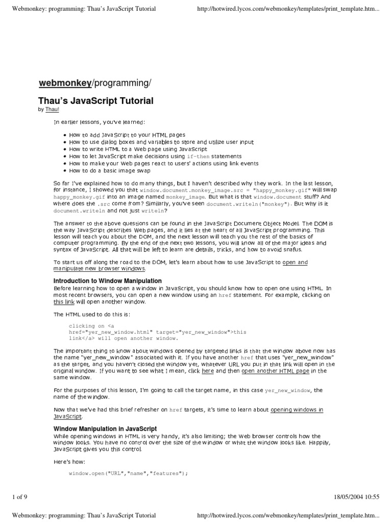 Thau's JavaScript Window Tutorial | PDF | Hypertext | World Wide Web