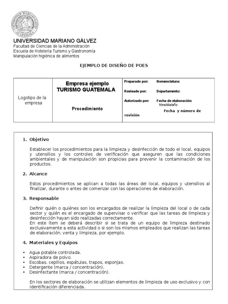 Ejemplo de POES en Manipulación de Alimentos | PDF | Agua | Residuos