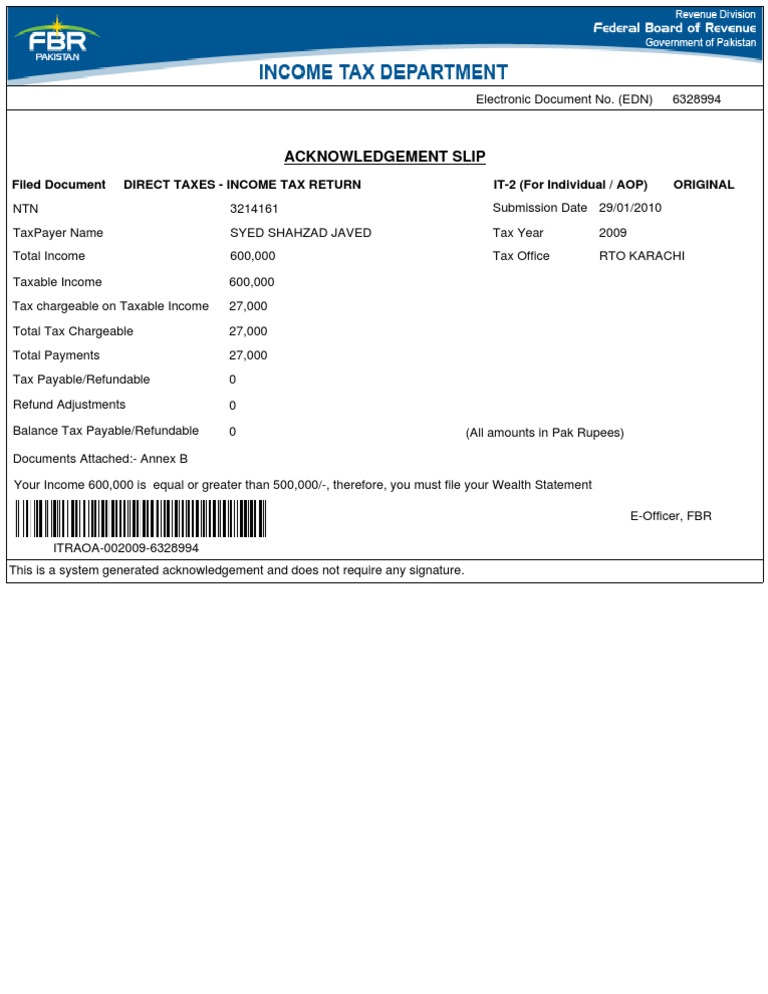 Acknowledgement Slip IT2 (For Individual / AOP) Original Filed