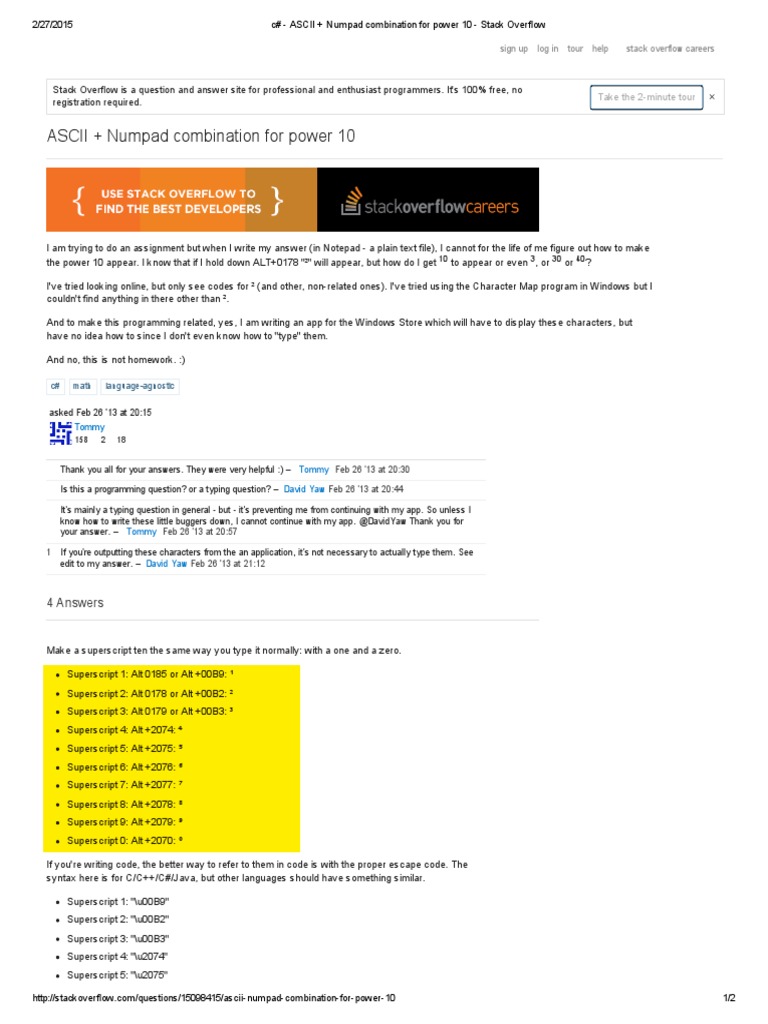 ASCII + Numpad Combination For Power PDF C (Programming Language