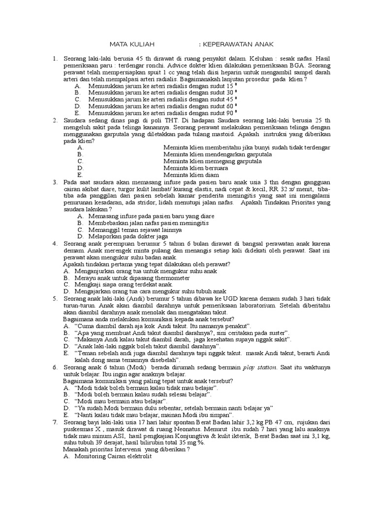 SOAL KEPERAWATAN ANAK