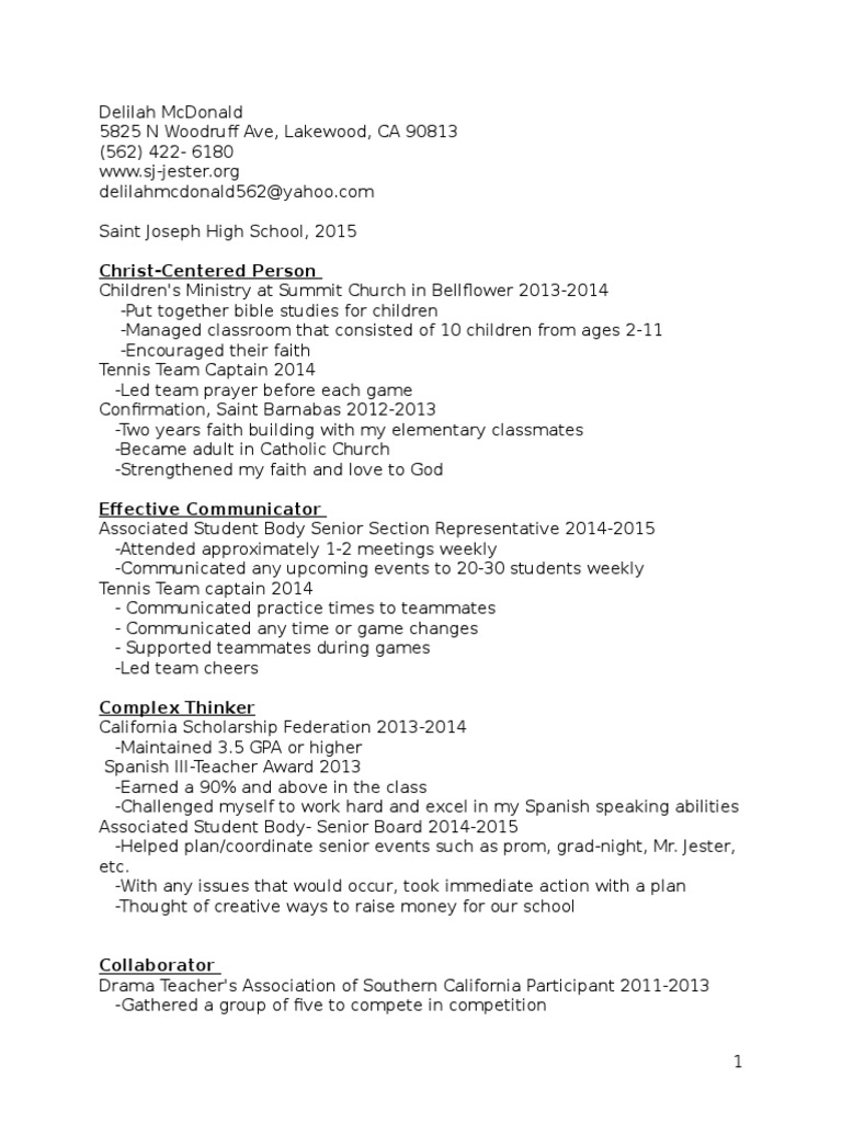 Senior Capstone Resume PDF Schools Students