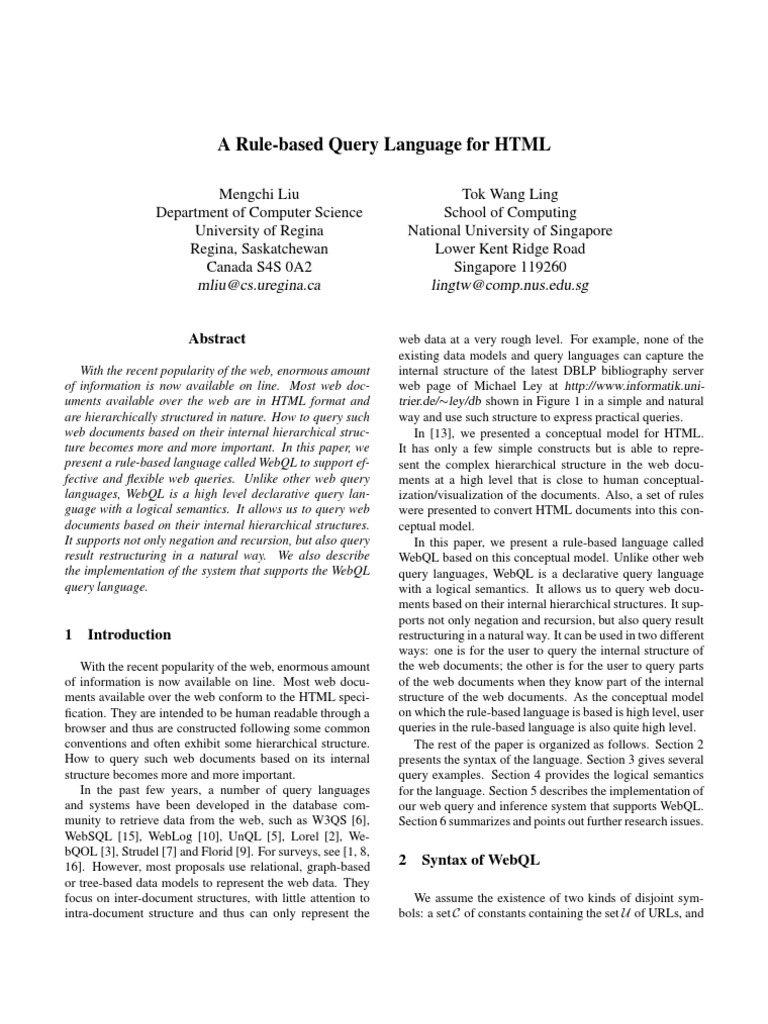WebQL: A Rule-Based Query Language | PDF | World Wide Web | Internet & Web