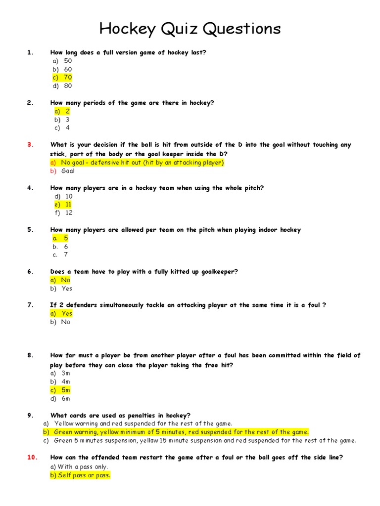 Hockey Quiz Answers Sports Team Sports