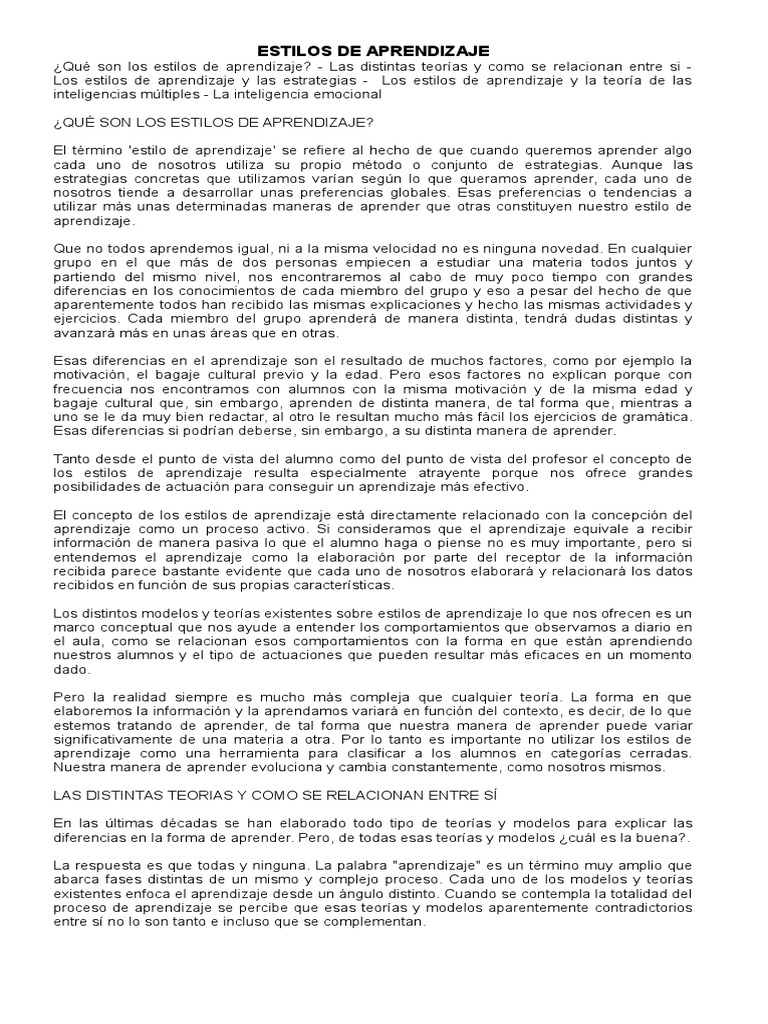 Estilos de Aprendizaje y Teorías Relacionadas | PDF | Hemisferio ...
