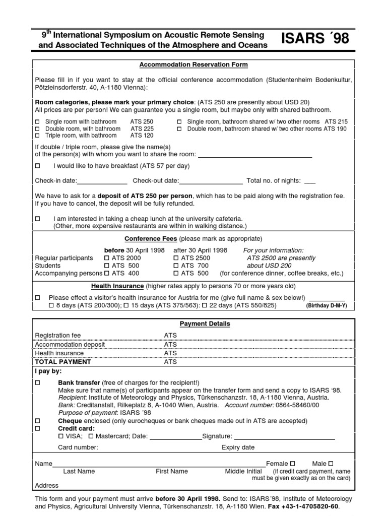 ISARS '98 Accommodation Reservation Form | PDF | Payments | Cheque