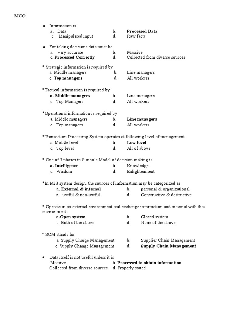 Mcq Information Business