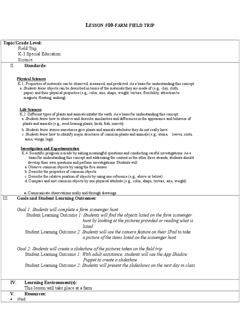 Farm Field Trip Lesson Plan K-3 | PDF | Weight | Concept