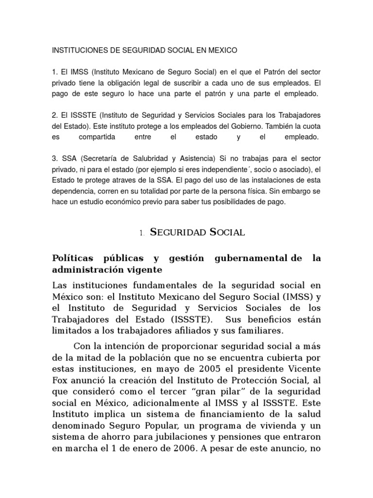 Instituciones De Seguridad Social En Mexico Pdf Pensión Seguro