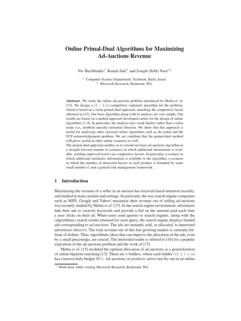 Online Primal-Dual Algorithms for Ad Auctions | PDF | Linear ...