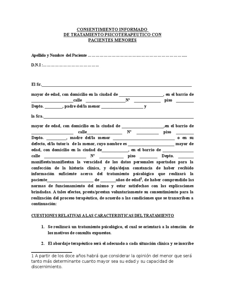 Consentimiento Informado de Tratamiento Psicoterapeutico Con Pacientes Menores