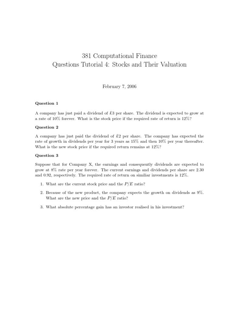 Stocks Valuation Tutorial Questions | PDF