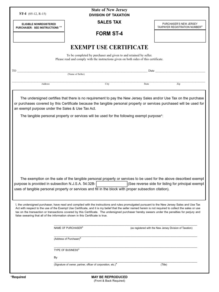 New Jersey ST-4 Exempt Use Certificate | PDF | Use Tax | Sales