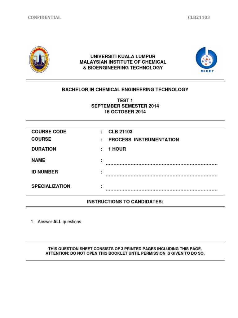 Chemical Engineering Test: Process Instrumentation | PDF