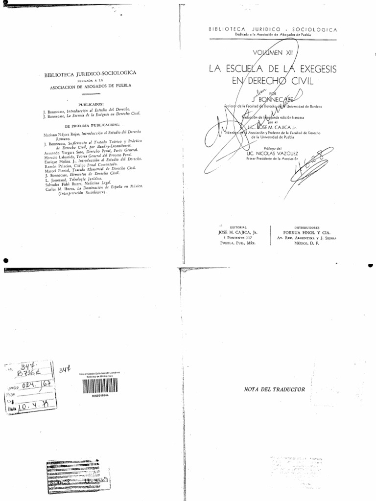 La Escuela de La Exegesis en Derecho Civil Julien Bonnecase