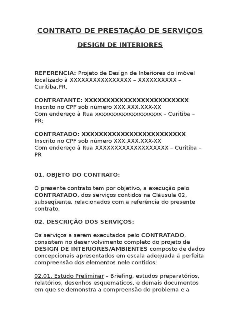Contrato de Prestação de Serviços Design Interiores | PDF | Construção |  Lei das Obrigações, image size:768x1024