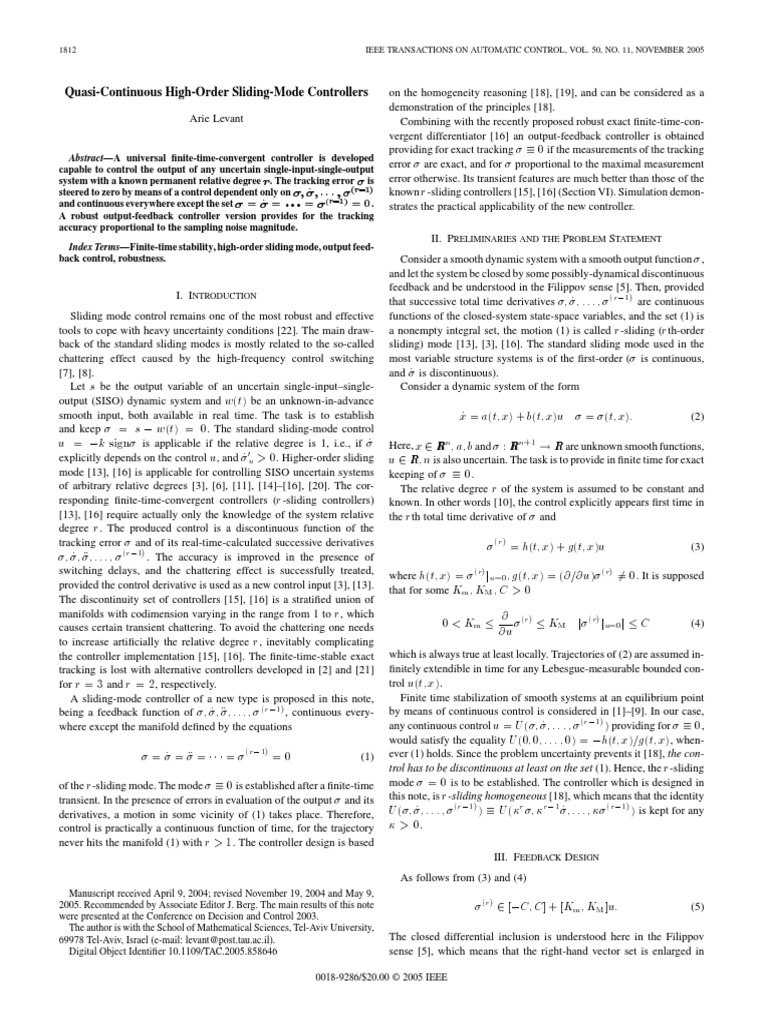 Quasi Continuous High Order Sliding Mode Controllers | PDF | Control ...