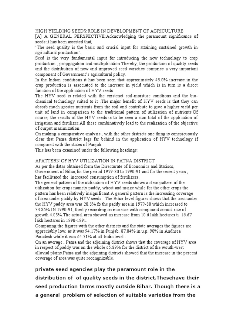Role of HYV Seeds in Agriculture Growth | PDF | Fertilizer | Manure