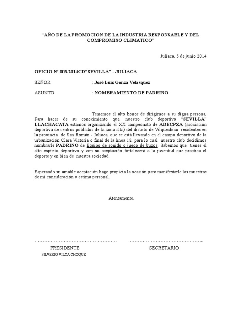 Oficio Nombramiento de Padrino Adevil