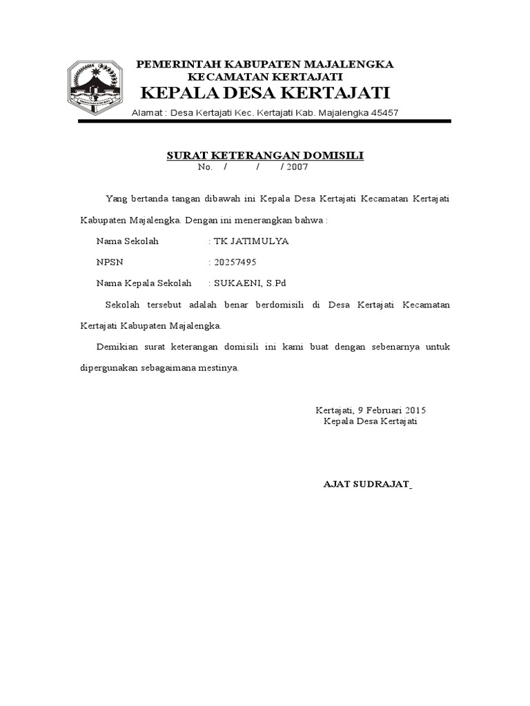 Contoh Surat Keterangan Domisili Lembaga Sekolah Audit Kinerja